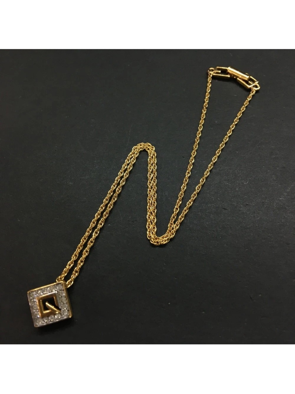 Vintage Givenchy Paris 1980s G-Logo Square Rhinestone Pendant Necklace👝